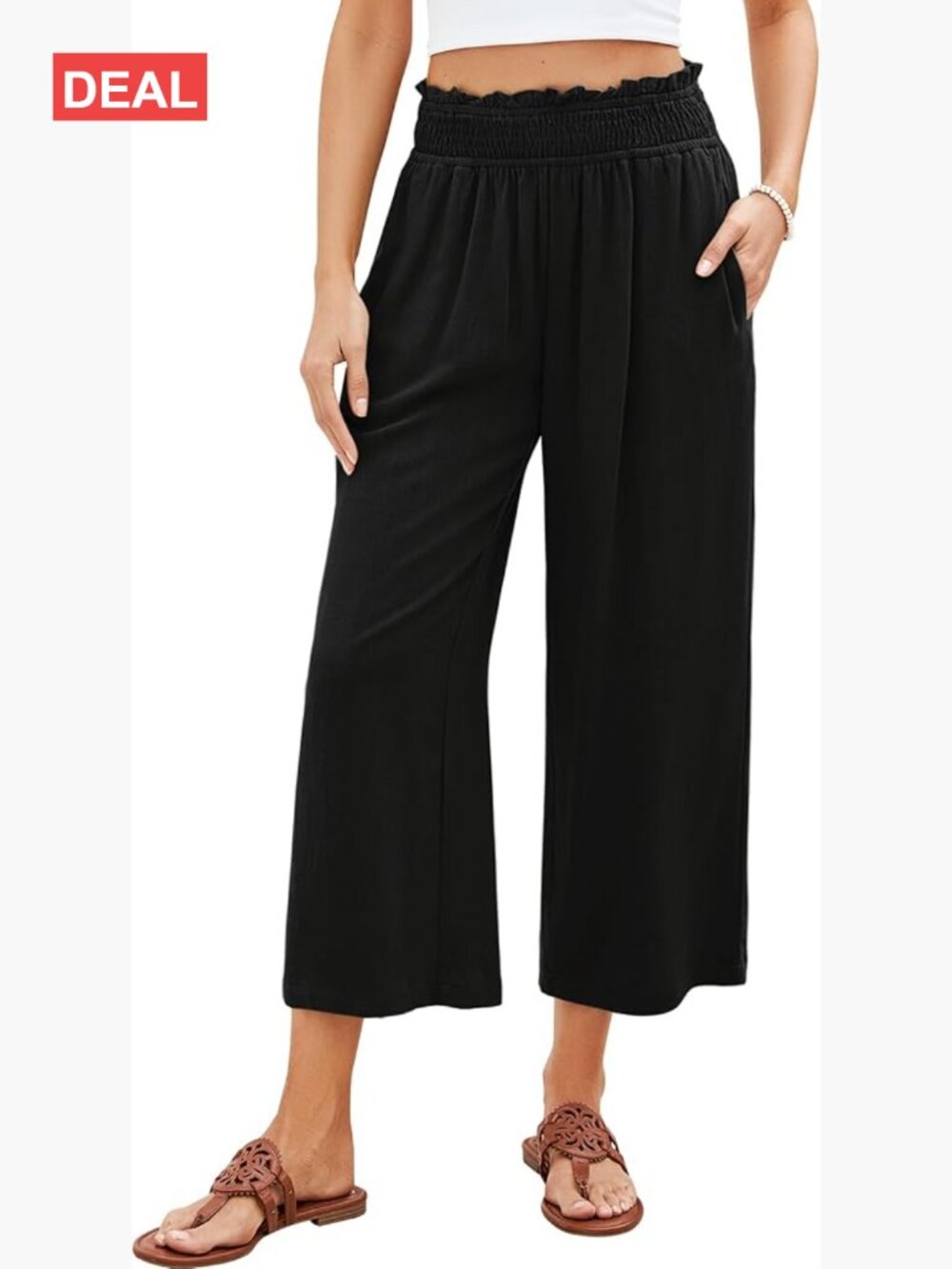 High Waisted Wide Leg Linen Palazzo Capri Pants Pull On Elastic Waist